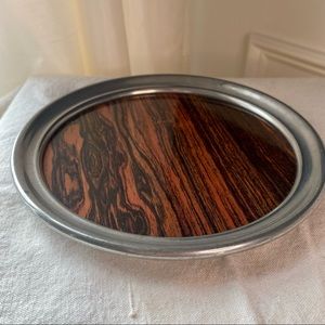 Vintage Mid Century Pewter and Wood Grain Formica 7" Round Tray, Web Pewter.